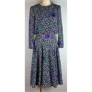 Kono New York Vintage 80s Floral Print Drop Waist Midi Long Sleeve Dress, Small